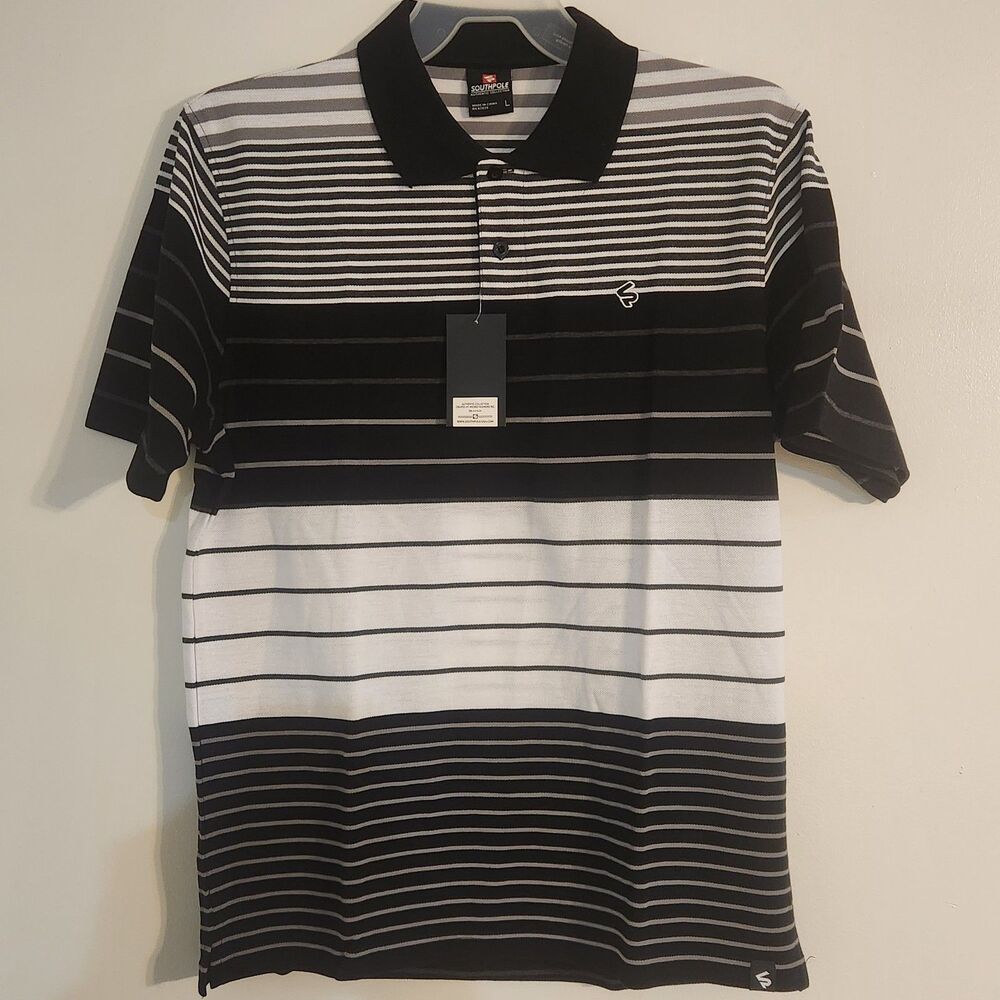 Southpole Polo Mens Shirt Large Black White Strips